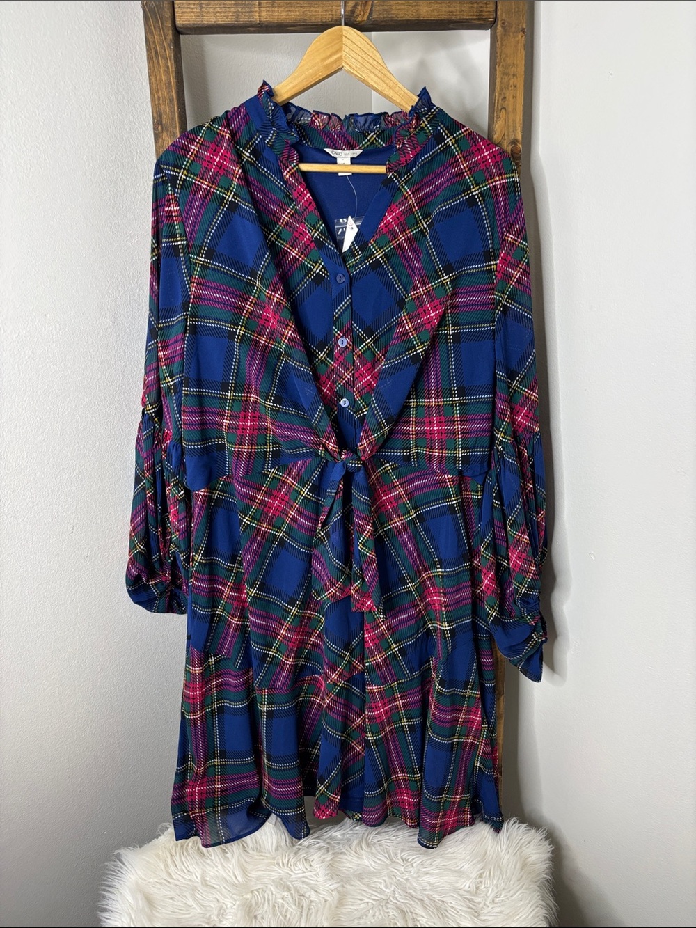 Cato NWT Blue Pink Plaid Ruffle Neck Tie Waist Long Sleeve Dress Size XL